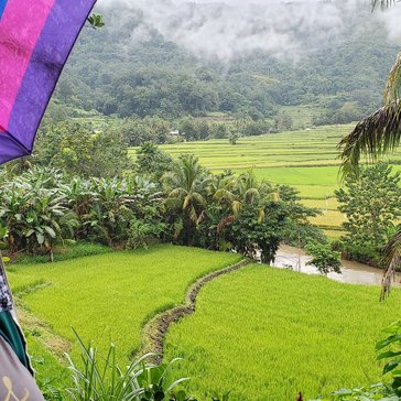 Person smiling with umbrella standing in front of green landscape