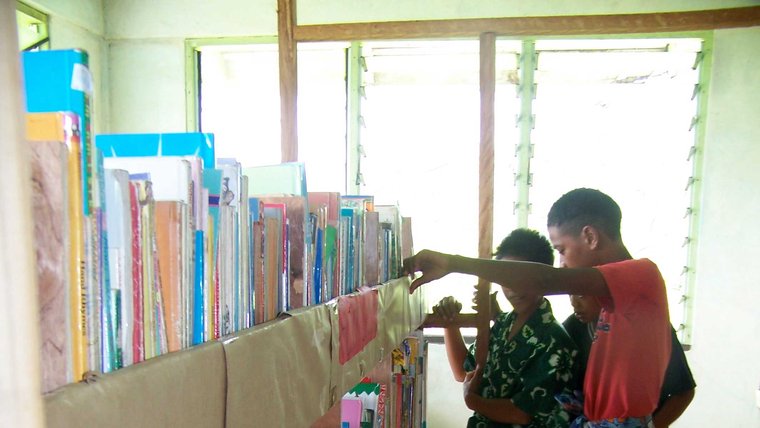 Two boys browse a shelf of library books.