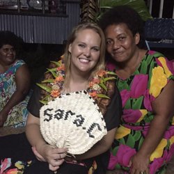 Sara is pictured here with her host mother and a fan