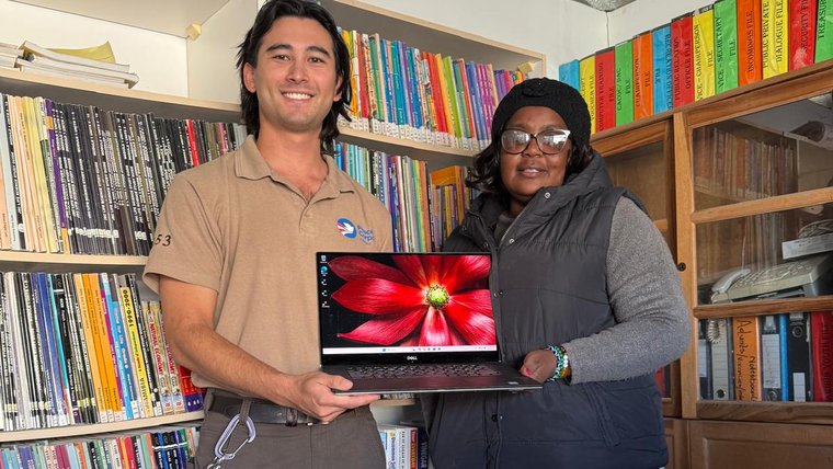 Sean and his counterpart Fanina support digital literacy in Namibia.