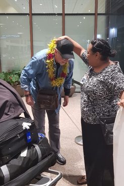 Steve arrives at the airport in Samoa.