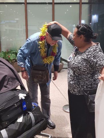 Steve arrives at the airport in Samoa.