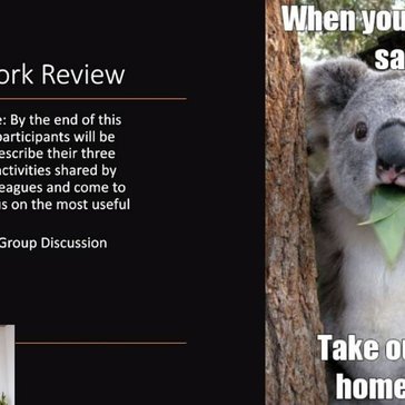 A woman presents a slide discussing homework review