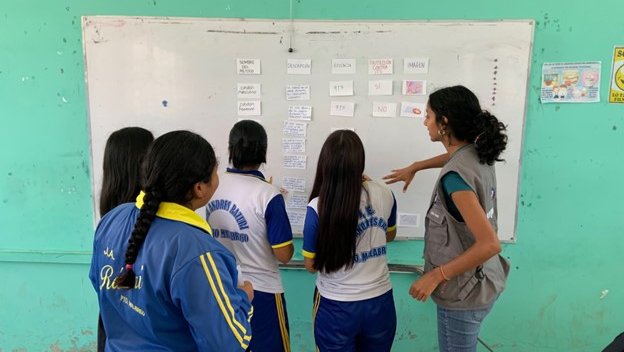 Devshri teaches students about contraceptive methods.