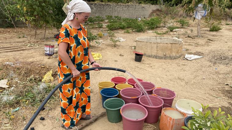 Lindsey waters trees planted as part of her students' environmental club in Senegal.