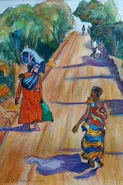 Watercolor painting of colorfully dressed women walking down a dirt road with babies on their backs
