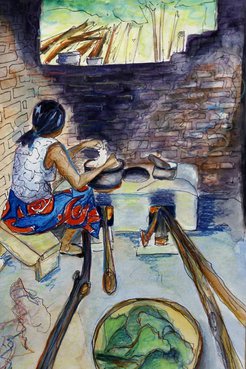 Watercolor painting of a woman cooking nsima in her smoky outdoor kitchen