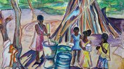 A watercolor painting of a group of girls gathered around an outdoor cooking space
