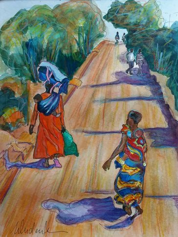 Watercolor painting of colorfully dressed women walking down a dirt road with babies on their backs
