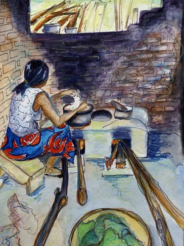 Watercolor painting of a woman cooking nsima in her smoky outdoor kitchen
