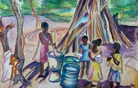 A watercolor painting of a group of girls gathered around an outdoor cooking space