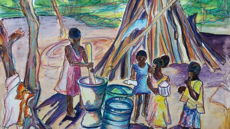 A watercolor painting of a group of girls gathered around an outdoor cooking space