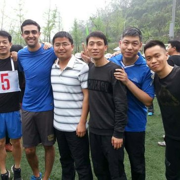 My colleagues and I preparing for our relay race