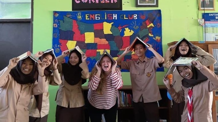 Students with teachers in Indonesia