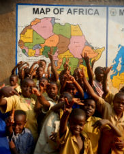 Peace Corps volunteer Christina Titus with students in Rwanda.