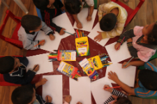 Moroccan students work on their artwork