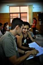 Two workshop participants work together during a group activity.
