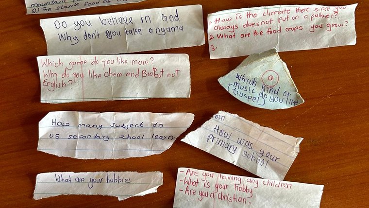 Laurel’s students are very curious about the U.S. but shy to ask questions, so they write her little notes.