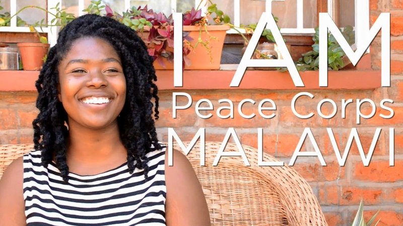 Response Volunteer Nyassa smiles while "I Am Peace Corps Malawi" is written in white next to her.