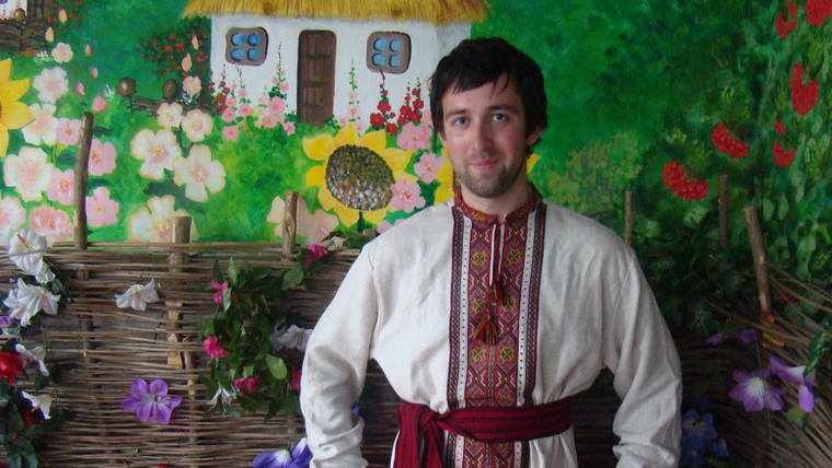 Peter wears traditional Ukrainian clothing during his service in Ukraine.