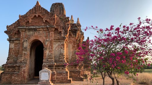 This picture shows a beautiful, old, stone temple, located in Myanmar.