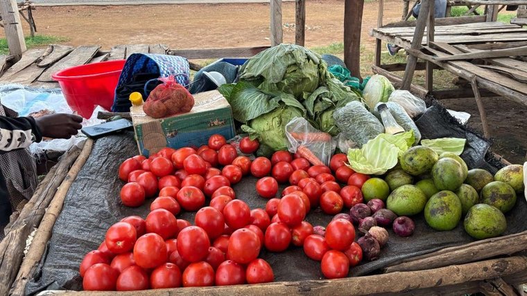 A produce vendor's stall at the village market in Kenya.