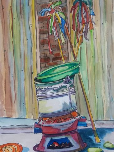 Random items stacked in a colorful watercolor composition